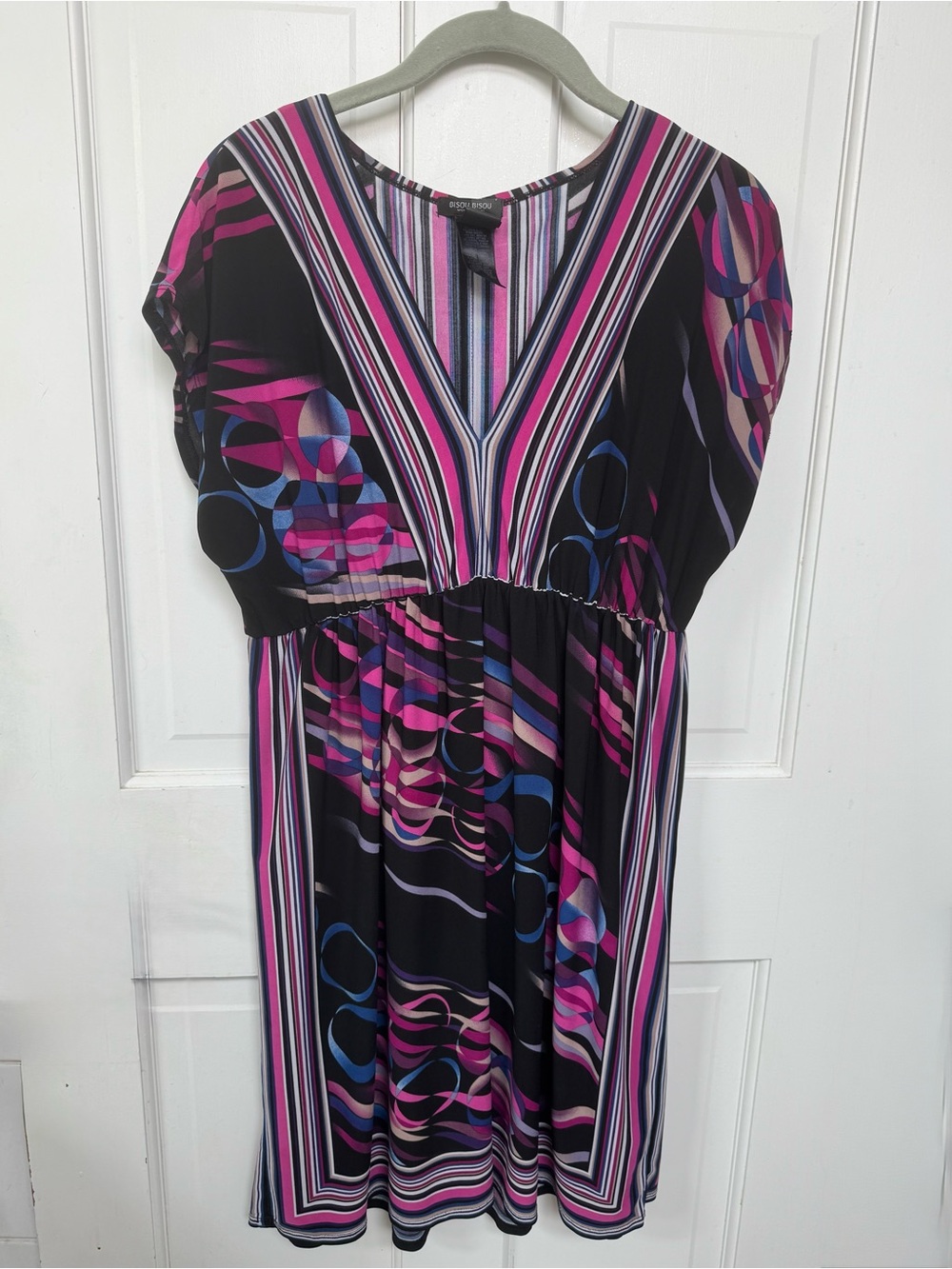 Bisou Bisou Black, Pink & Blue Striped & Geometric Midi Dress